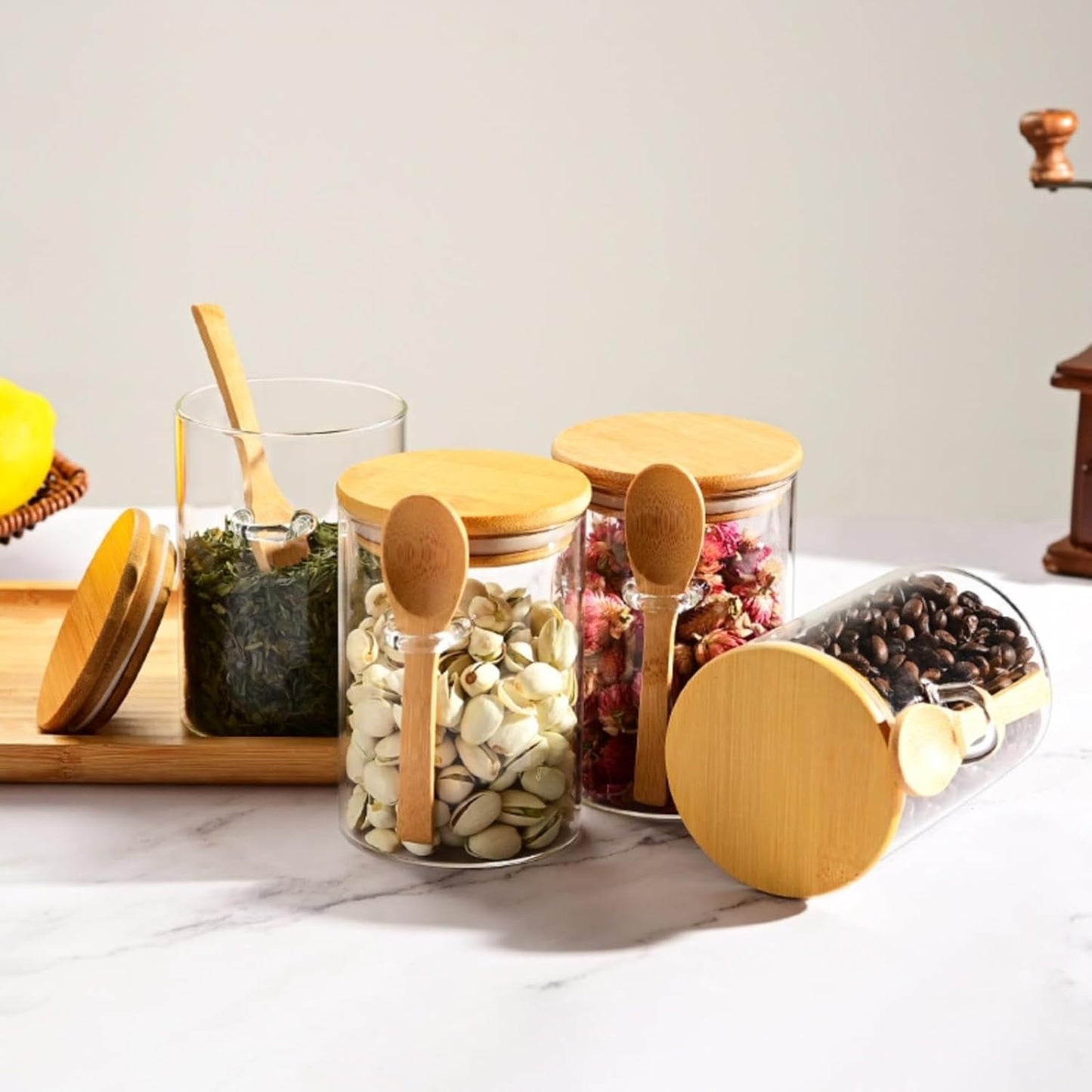 17oz Glass Storage Jars with Bamboo Lids & Spoons - Airtight Containers for Loose Leaf Tea, Overnight Oats, Coffee, and Dry Goods - Set of 6 Kitchen Canisters (6pcs)