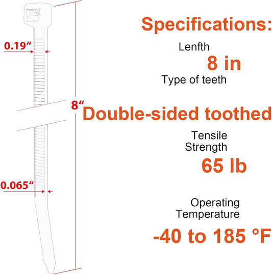 8 Inch Zip Ties Double Sided Toothed,65LBS Tensile Strength Heavy Duty Cable Wire Ties With Self-Locking Adjustable More Durable Nylon Tie Wraps for Indoor Outdoor（100 Pack）