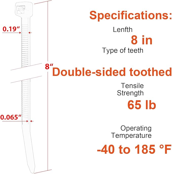 8 Inch Zip Ties Double Sided Toothed,65LBS Tensile Strength Heavy Duty Cable Wire Ties With Self-Locking Adjustable More Durable Nylon Tie Wraps for Indoor Outdoor（200 Pack）