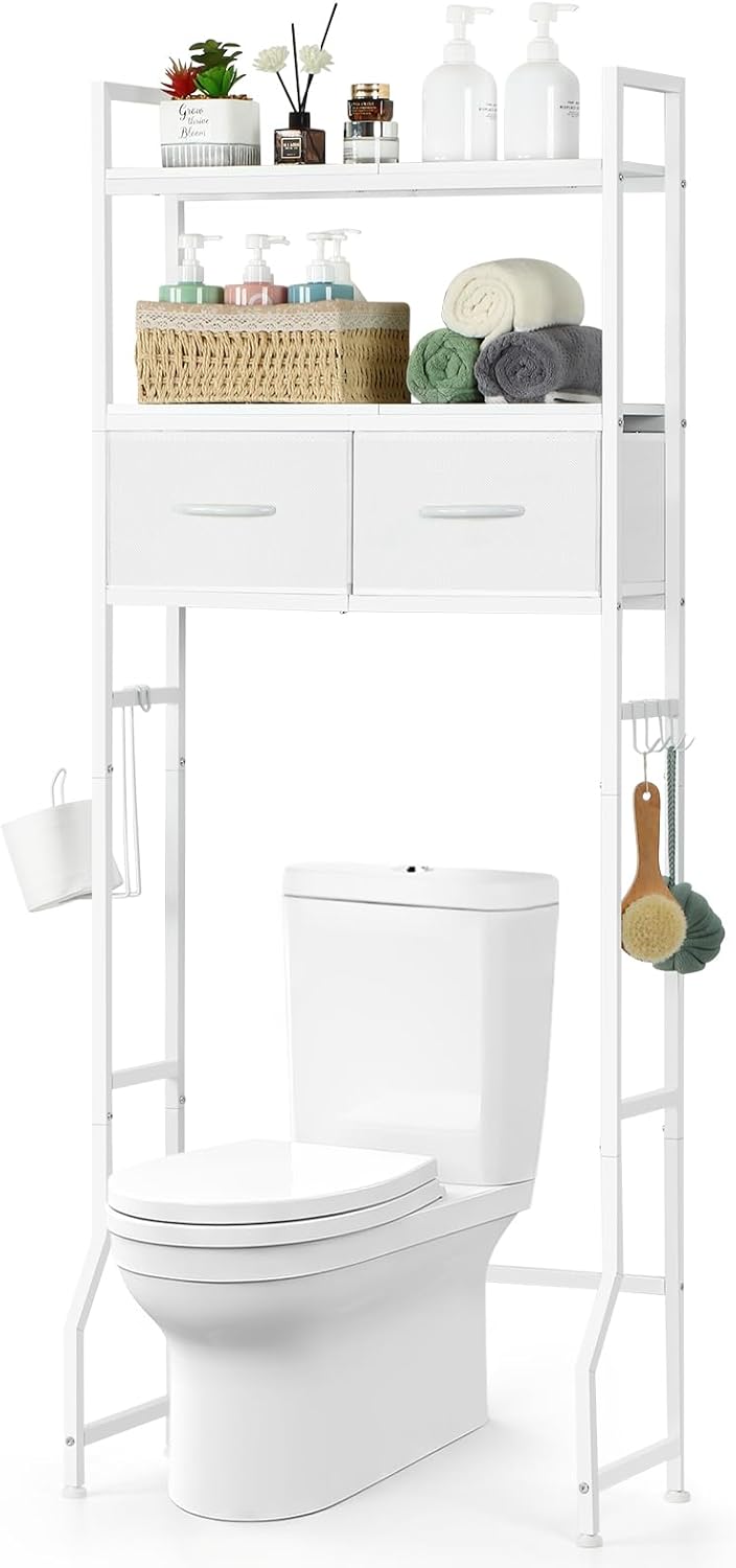 YBING Over The Toilet Storage Cabinet, Over Toilet Bathroom Organizer with Drawer, Above Toilet Stand with Roll Holder and Hooks, Over Toilet Storage Shelf Cabinet, Wooden, White