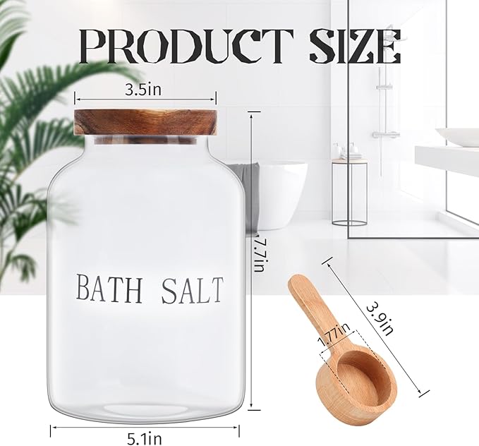 2Pcs 74 oz Glass Bath Salts Jar,Bath Salt Container with Wooden Lid and Scoop,Bathroom Organizers and Storage,for Bathroom Bath Decor,Home Decor,Bathtub Accessories for Women