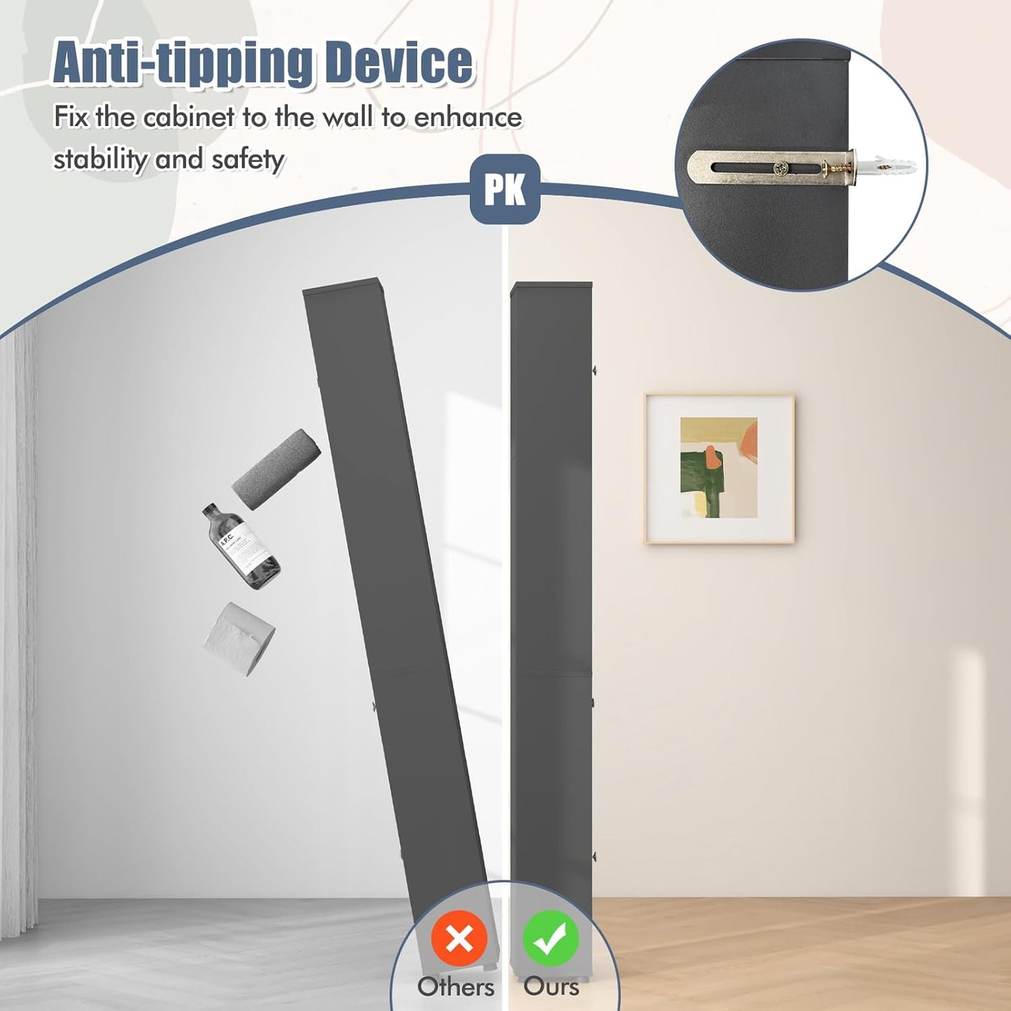 71" Tall Narrow Bathroom Storage Cabinet, Modern Skinny Toilet Paper Storage Organizer w/1 Drawer, 2 Doors & 5 Adjustable Shelves, Slim Tower Floor Cabinets for Small Spaces