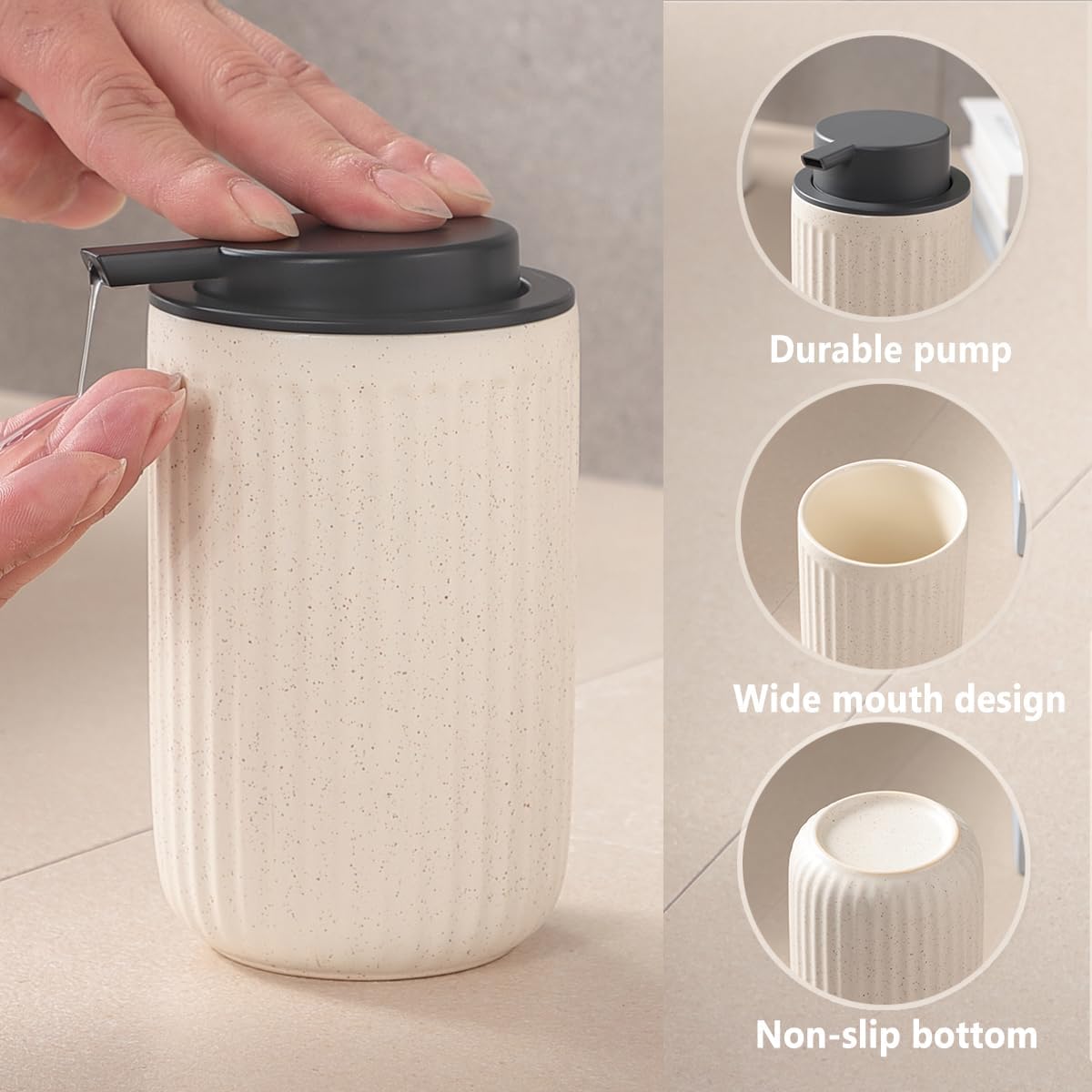 Beige Ceramic Soap Dispenser Set - Modern Refillable Hand Soap Dispenser With Pump for Bathroom, Kitchen, Farmhouse Decor - 2 Pack