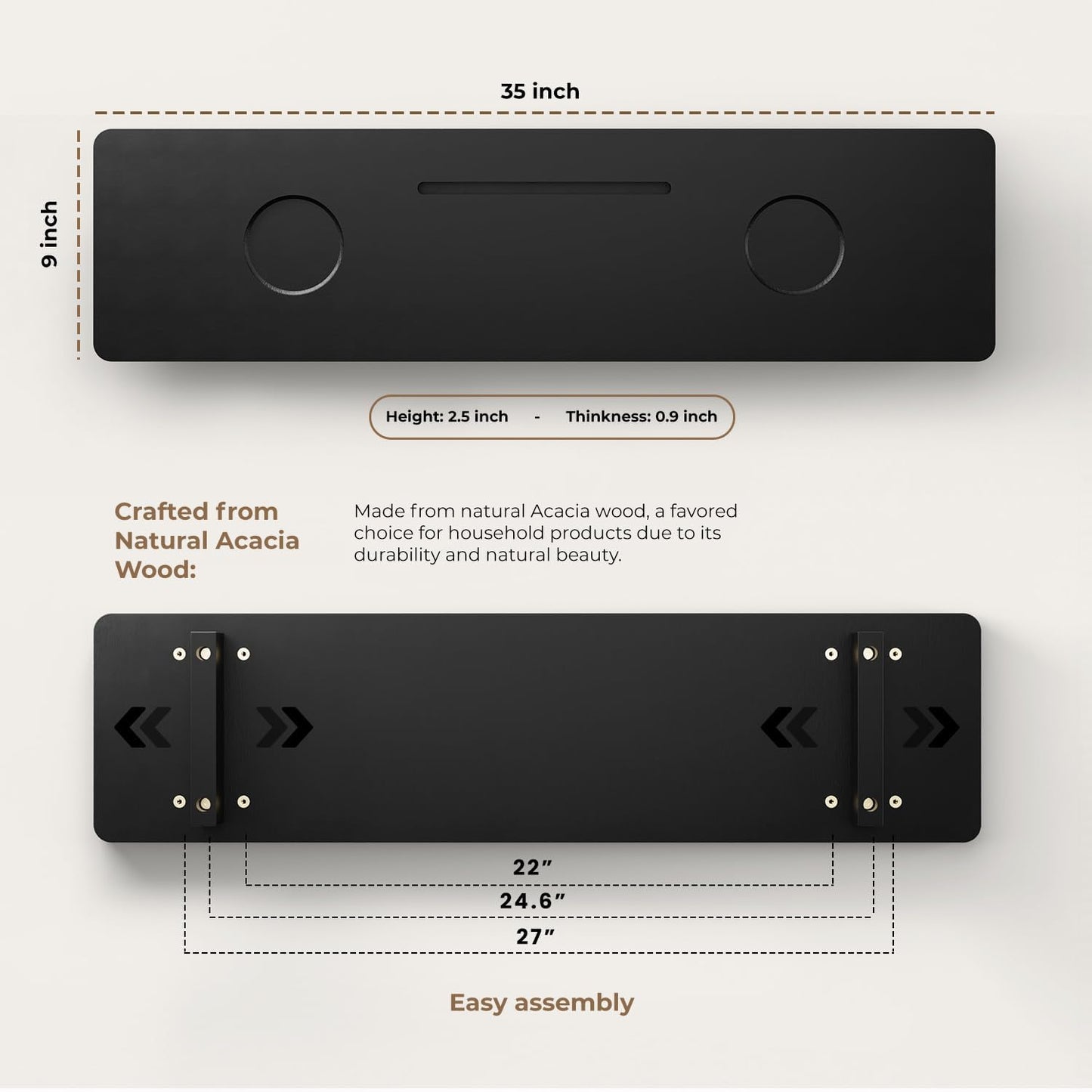 Tinamo Black Bathtub Caddy Tray Table | 35x9x2.5 Inch Large Bath Tub Tray Wooden | Anti-Tipping, Sustainable Tub Tray for Bathtub | Bathtub Accessories Holders for Bathtub (Acacia Wood)