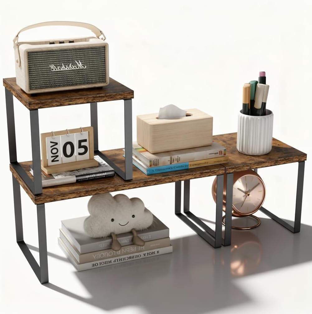 Aothia Wood Desktop Shelf for Top of Desk - 2-Tier Adjustable Bookshelf Organizer, Freestanding Stackable Shelves for Office, Home, Kitchen Counter (Rustic Brown)