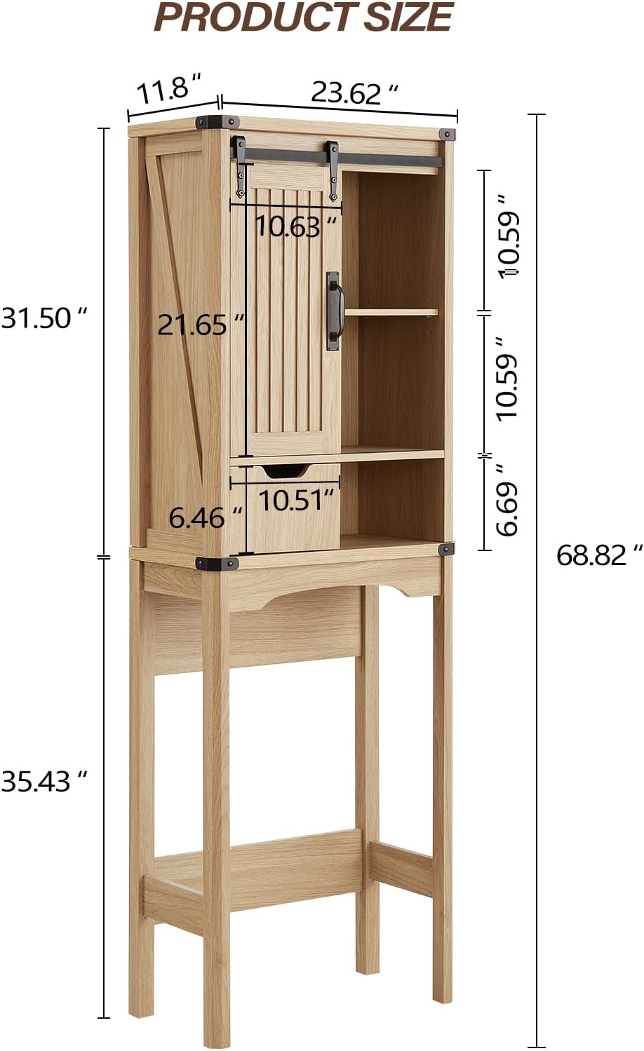 Over The Toilet Storage Cabinet, Farmhouse Storage Cabinet with Adjustable Shelves and Sliding Barn Door, Free Standing Over Toilet Bathroom Organizer (Natural Oak)