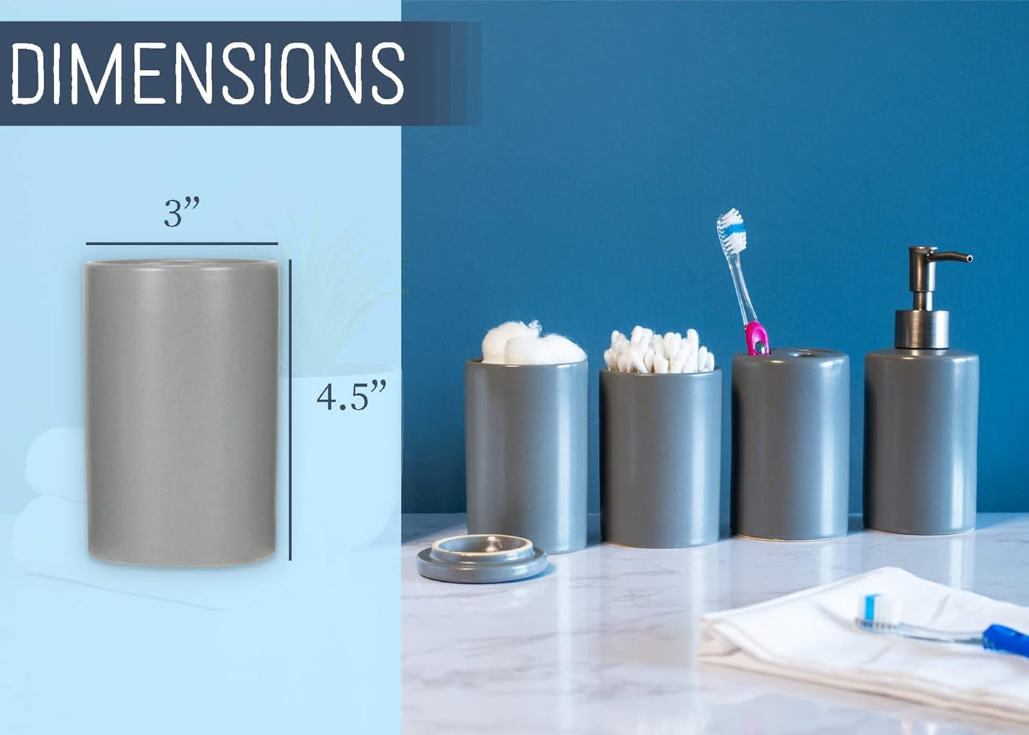 NAT & Jules Chic Modern Rounded 4.5 inch Ceramic Bathroom Accessories Set of 4 - Home Décor & Organization Perfect for Bath or Kitchen Household Essentials, Matte Grey