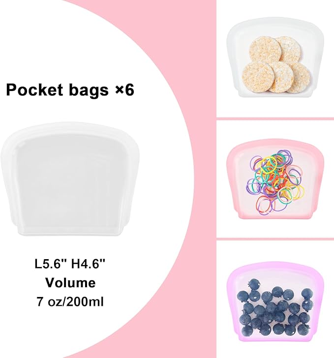 Platinum Reusable Silicone Bags - Food Grade Silicone Pocket Bags 6 Pack 7oz - Food Storage Container for Snack, Dog Treat and Cards - Large Opening Easy Clean Oven and Dishwasher Safe - Mix Color