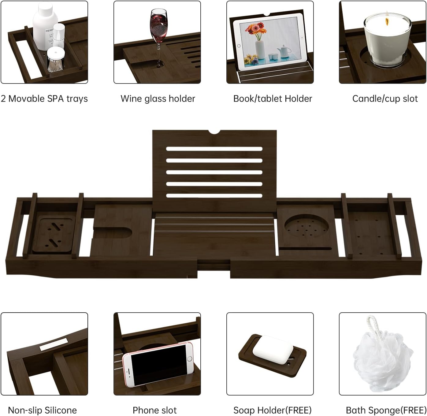 Bamboo Bathtub Tray for Luxury Bathroom, Expandable Premium Bath Tray w/Soap Towel Book Holder, Adjustable Bath Accessories for Tub,Extendable Tub Tray w/Wine Glass Cup Organizer 29.5-43.3" Espresso