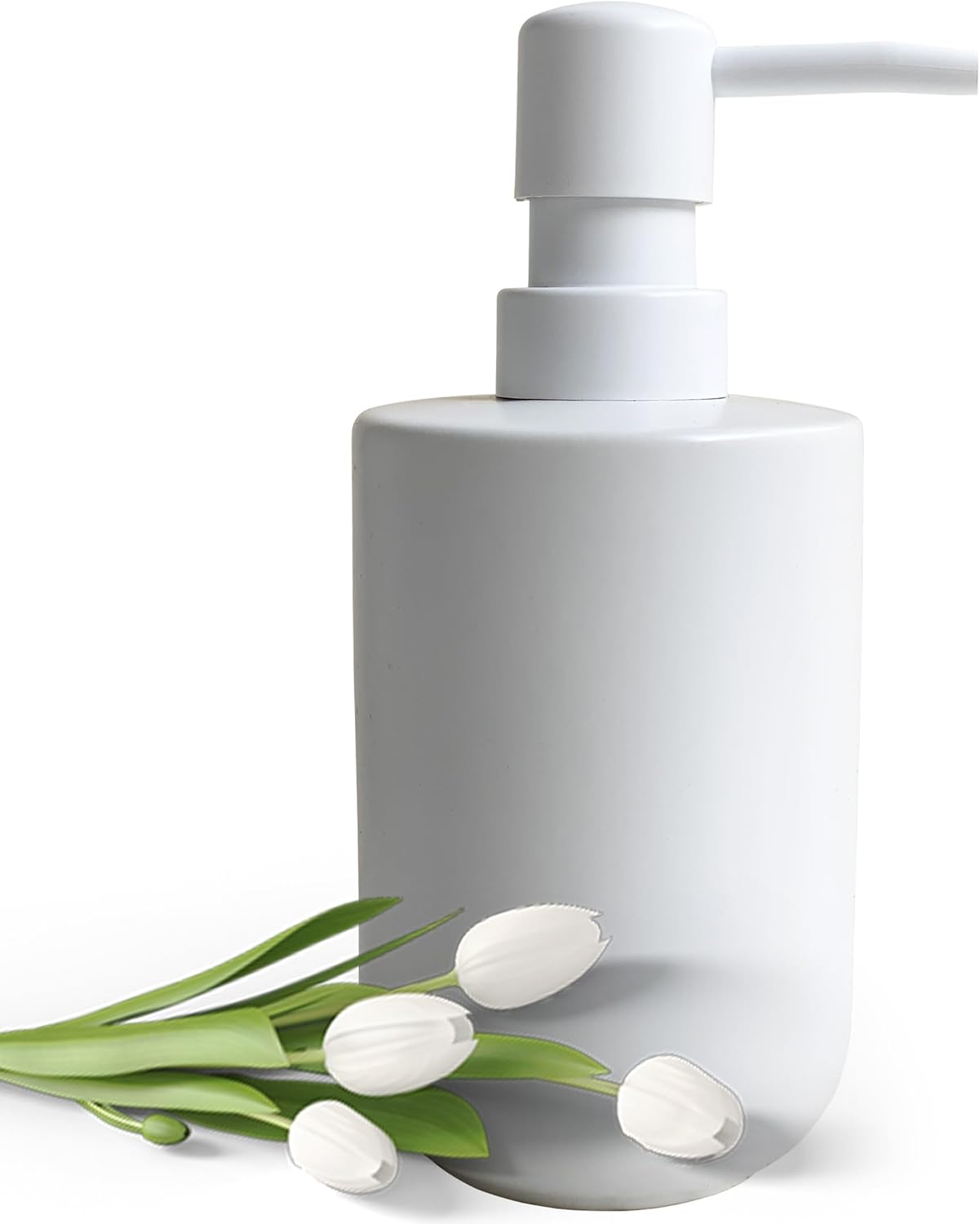 Ceramic Hand Soap Dispenser with Plastic Pump - Simple Style, White Cylindrical Soap Dispenser for Bathroom and Kitchen