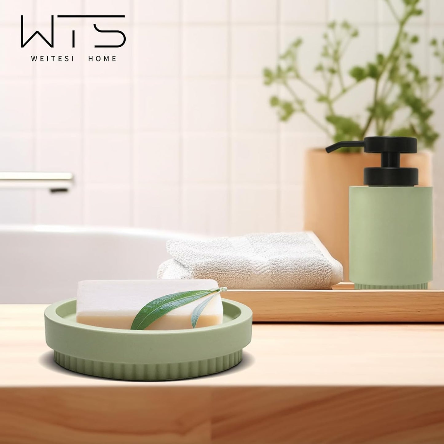 Resin Bathroom Accessories Set, 4 Pcs Modern Bathroom Accessory Set with Liquid Plastic Pump Lotion Soap Dispenser,2 Toothbrush Cup, Soap Dish Countertop Vanity Organizer(Sage Green)