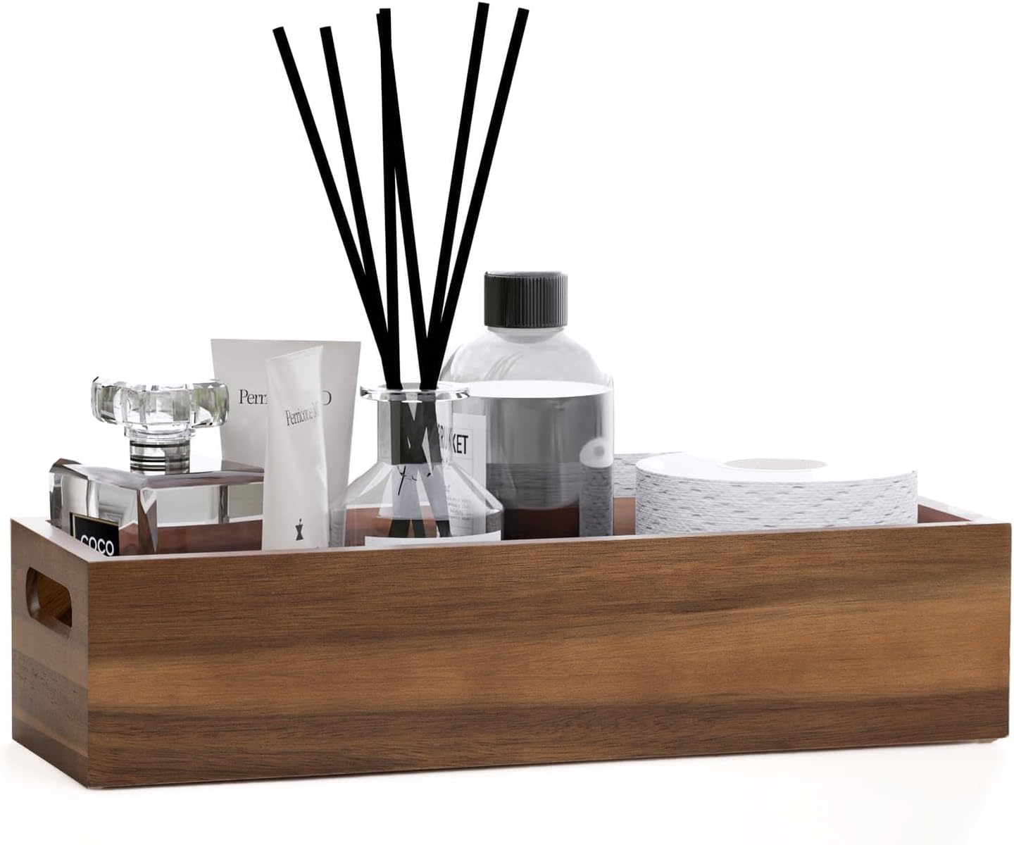 Natural Acacia Hardwood Bathroom Tray with Handles for Organizing Toiletries and Accessories - Large 16.5x6 in Size for Countertop, Shelf, or Tank Top Storage