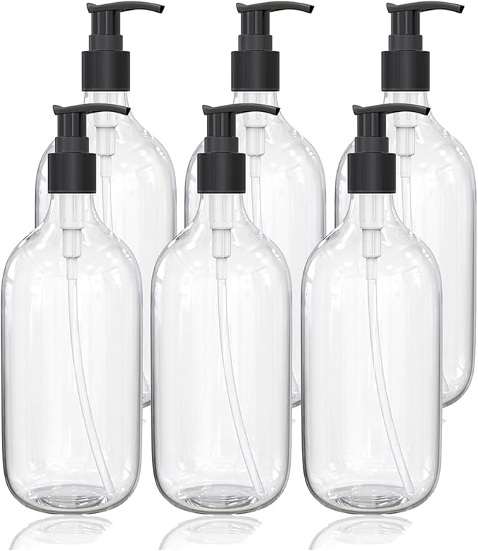 10 Ounce Clear Plastic Pump Bottle Dispenser, Refillable Empty Bottle Container with Pump for Essential Oil Soap Lotion Shampoo, 6 Pcs