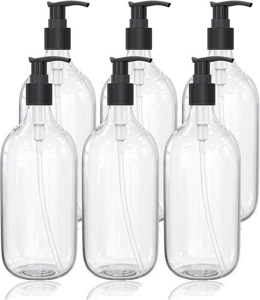 10 Ounce Clear Plastic Pump Bottle Dispenser, Refillable Empty Bottle Container with Pump for Essential Oil Soap Lotion Shampoo, 6 Pcs