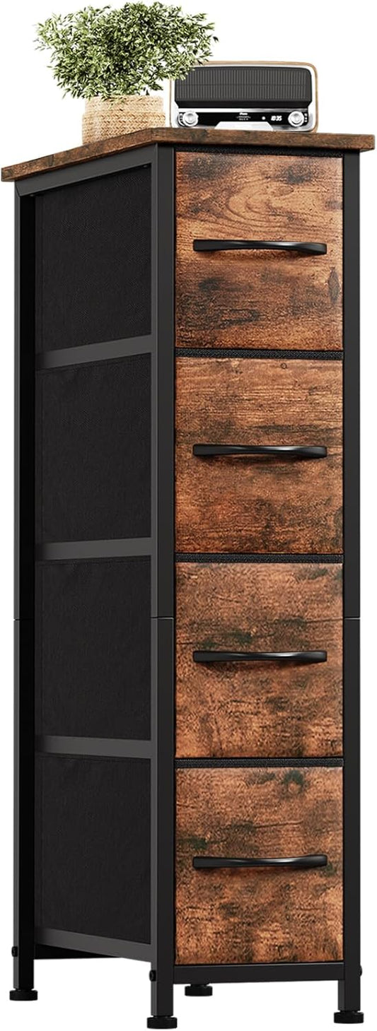 Somdot Narrow Dresser with 4 Drawers, Slim Storage Organizer Chest of Drawers with Removable Fabric Drawers for Small Spaces Bathroom Closet Bedroom Laundry, Wood Grain Print