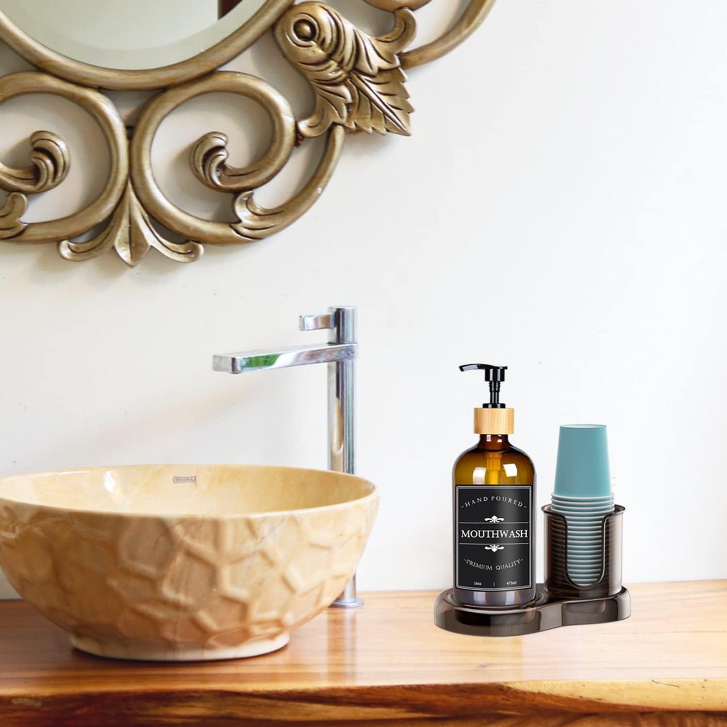 Amber Glass Mouthwash Dispenser with Cup Holder for Bathroom, 16oz Refillable Mouthwash Bottles Container with Tray, Funnel and Waterproof Labels