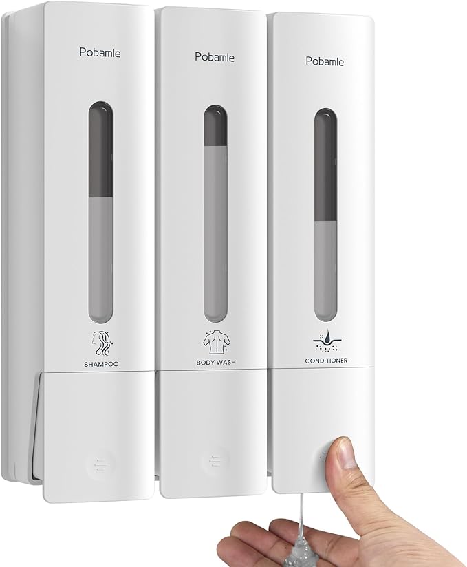 1984 Shower Soap Dispenser Bathroom Set Shampoo Conditioner Body Wash Dispenser Wall Mounted Shower Shampoo Dispenser 3 Chamber No Drill for Home Star Hotel 3 x 400ml Beige