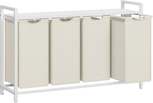 VASAGLE Laundry Hamper, Laundry Basket, Laundry Sorter with 4 Pull-Out and Removable Bags, Shelf, Metal Frame, 4 x 10.6 Gallons (40 L), 45.7 x 13 x 28.4 Inches, Cream White and Cloud White UBLH401W01