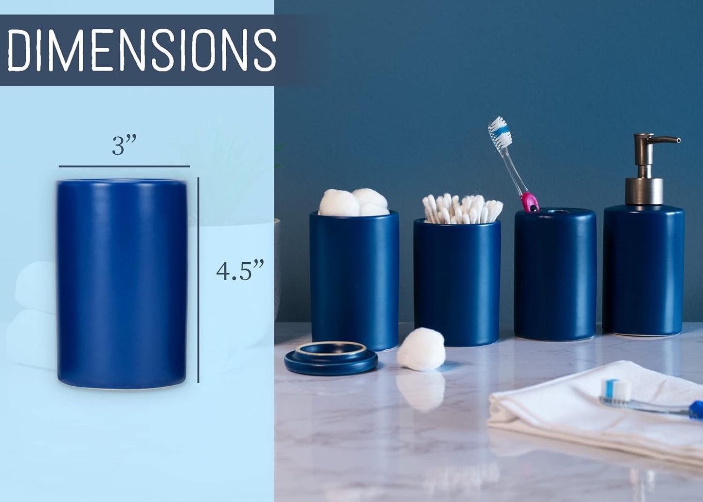 NAT & Jules Chic Modern Rounded 4.5 inch Ceramic Bathroom Accessories Set of 4 - Home Décor & Organization Perfect for Bath or Kitchen Household Essentials, Matte Blue