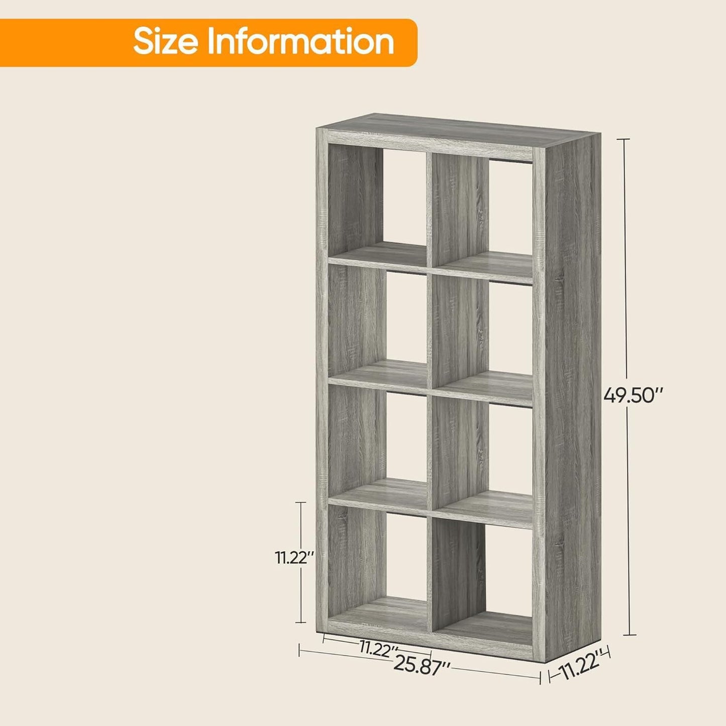 Bookshelf with Storage Bins, 8-Cube Storage Organizer, Modern Wood Open Bookcase, Multifunctional Display Shelf for Living Room, Bedroom, Home Office, Gray Oak