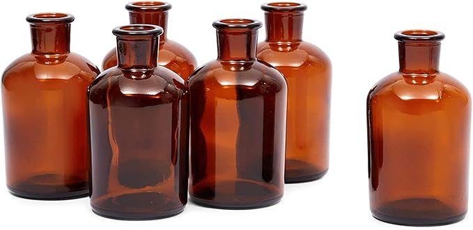 Farmlyn Creek 6 Pack Small Glass Vases for Centerpieces, Amber 7.5 oz Propagation Jars for Flowers, Table Centerpieces, Apothecary, Home Decor (2.8 x 5 in)