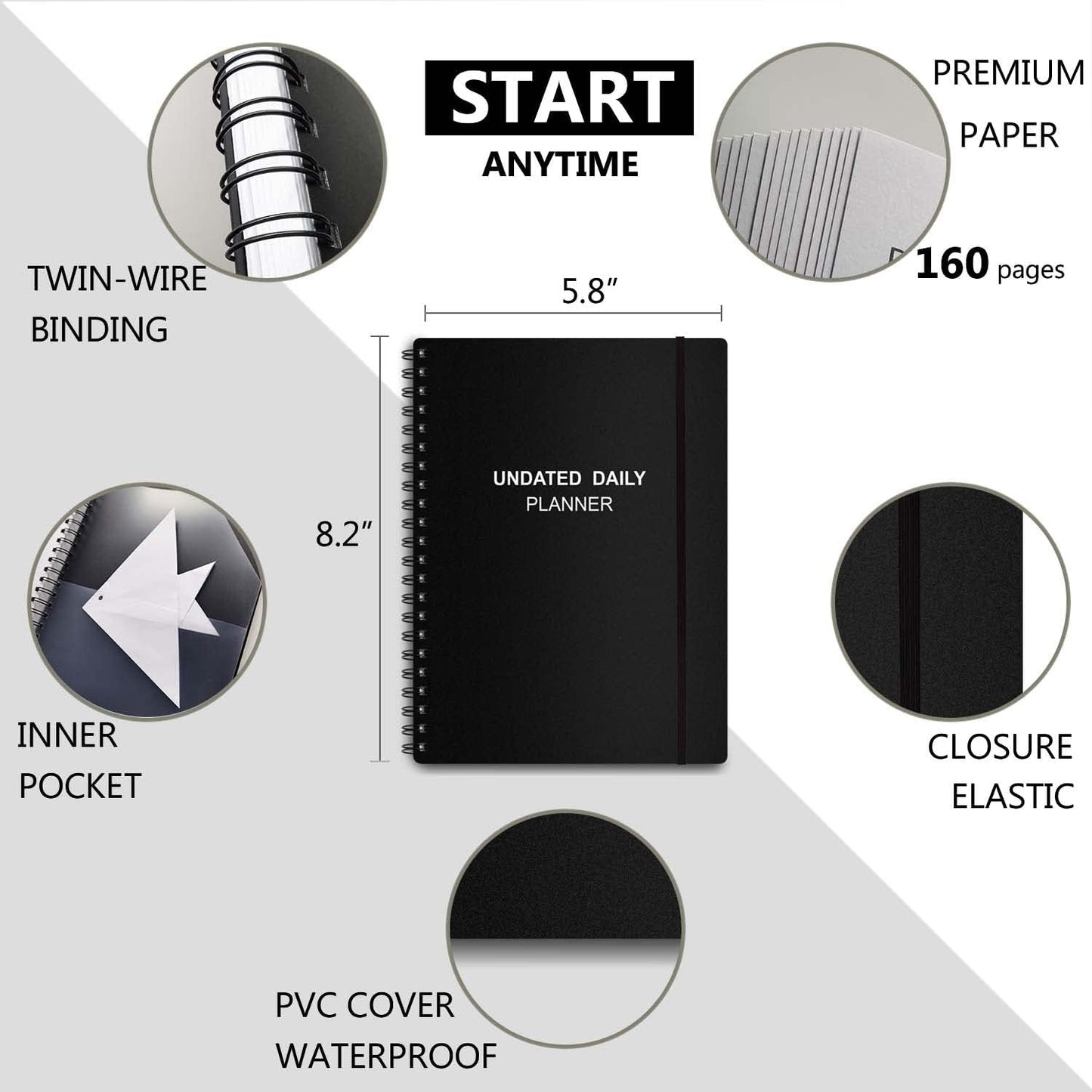 Tiankool Undated Daily Planner,Undated Planner with Hourly Schedules, Top Priorities Items and To Do List, Appointment Book for Time Management, 5.8 × 8.2 Inch