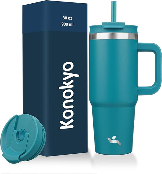 30 oz Tumbler with Handle and 2 Straws,2 in 1 Lid Insulated Water Bottle Stainless Steel Travel Coffee Mug,Blue