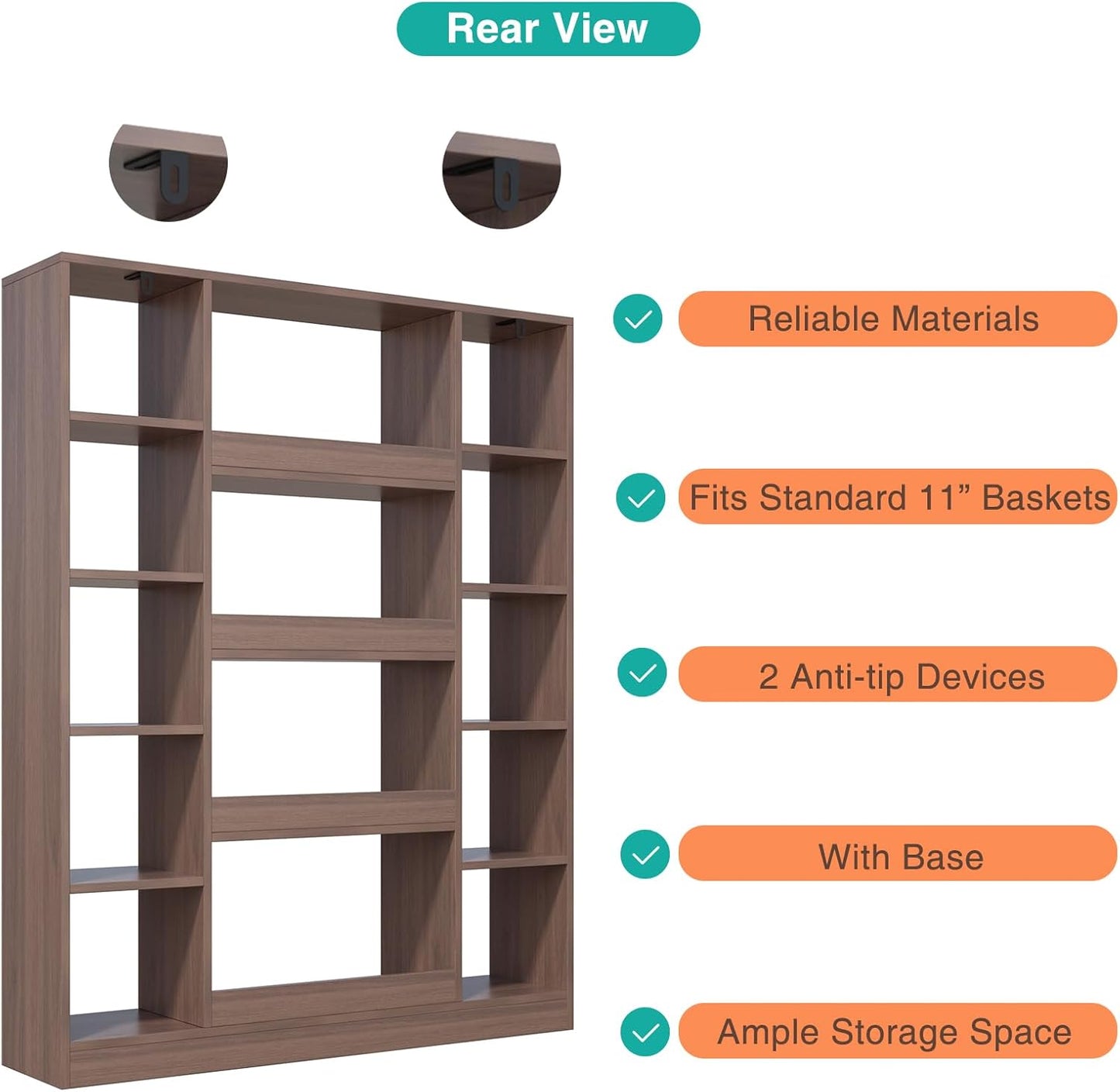 Cube Storage Bookcase with Base - Large Wooden Bookshelf with 10 Open Cubes and 4 Shelves for Home and Office, Freestanding Organizer, Walnut