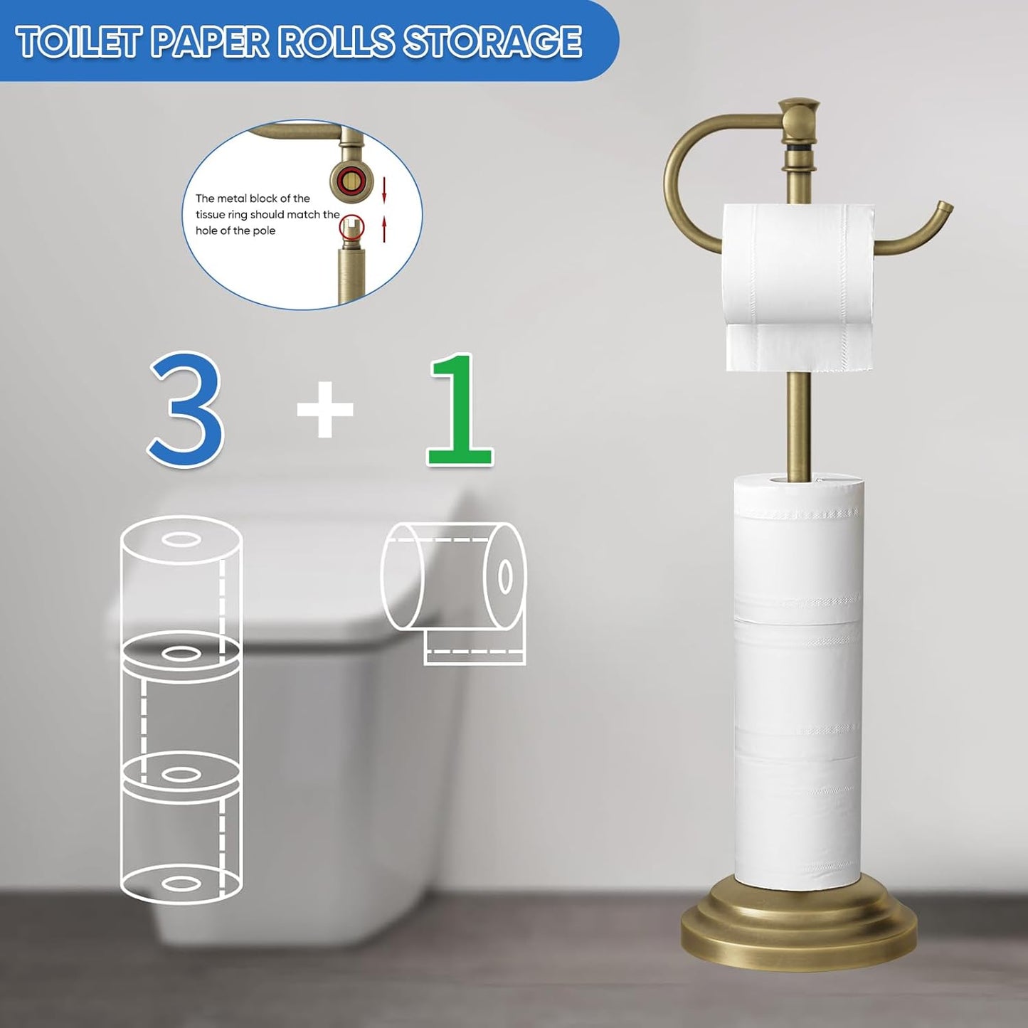 RUMOSE Toilet Paper Holder Stand for Floor,Antique Brass Adjustable (12.4" to 22.8") Bathroom Toilet Tissue Holder, Free Standing Paper Roll Holder with Storage, Stainless Steel