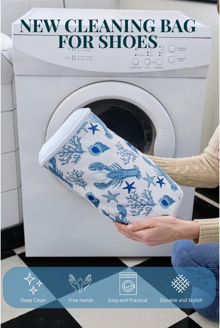 Shoe Washing Machine Bag with Sneaker Brush – 2-Pack Reusable Chenille Laundry Bags for Sneakers, Delicates, Travel & Storage – Ocean Print Stylish Design – by Bluehome