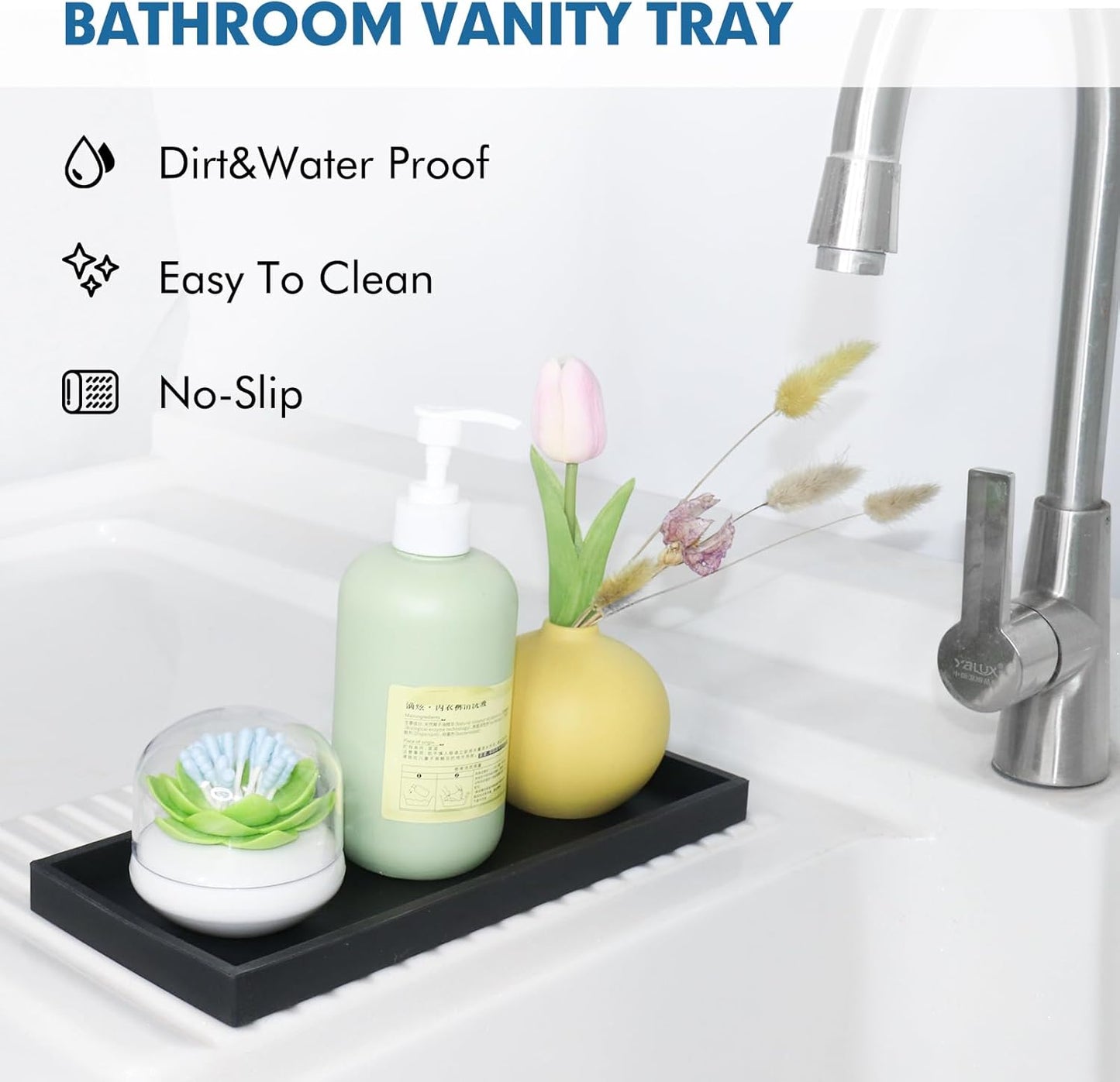 Bloss Vanity Tray with Soap Dish - 15.7" Silicone Tray for Bathroom/Kitchen Counter, Sink Vanity Trays with Soap Holder