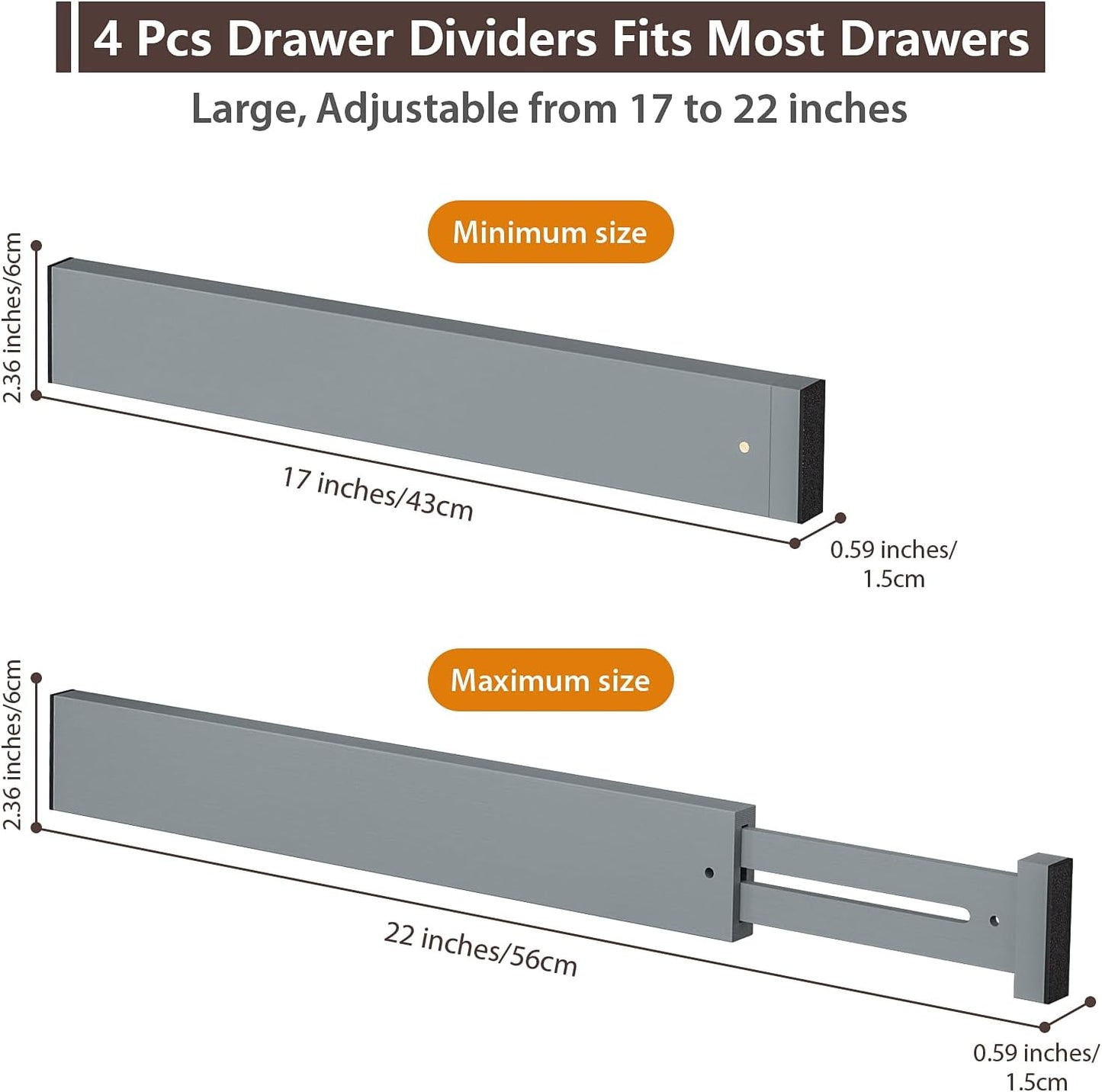 4 PCS Drawer Divider, 17"-22" Adjustable Bamboo Drawer Dividers Organizers, Expandable Separators for Kitchen, Clothes, Dressers, Home, Office, Gray