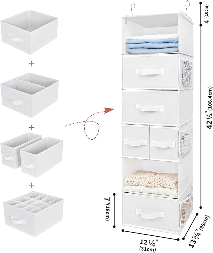 GRANNY SAYS Hanging Closet Organizer and Storage, 6 Shelf Clothes Organization with Drawers, 6 Side Pockets Closet Hanging Shelves for Bras, Socks, Underwear, Nursery Room, Wardrobe, White, 1-Pack