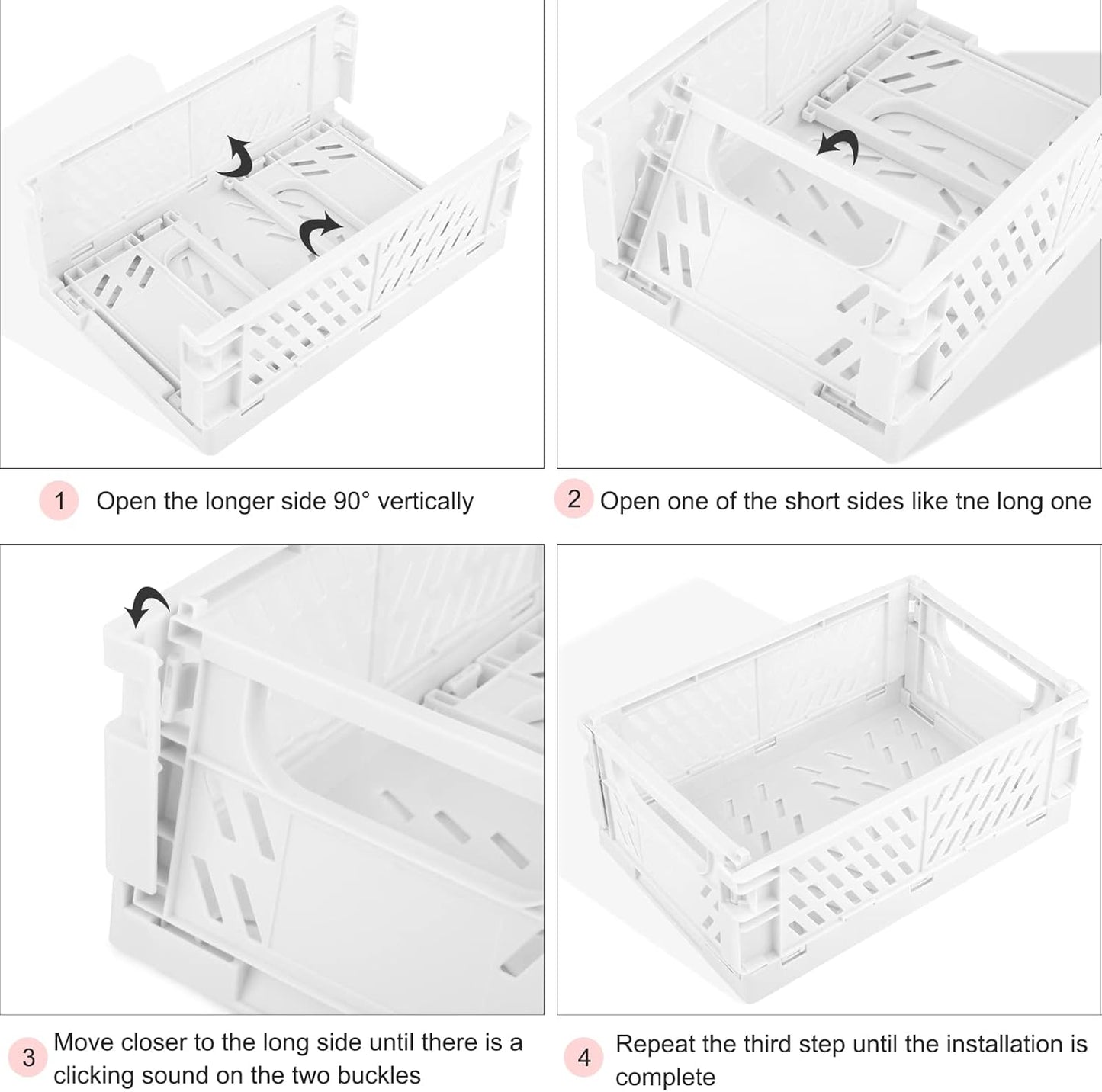 Plastic Storage Baskets for Desk Organizing, Office Drawer Organizer, 2 Medium+2 Small Durable Folding Storage Crate for Home Kitchen Classroom Office Bedroom and Bathroom Storage (White)