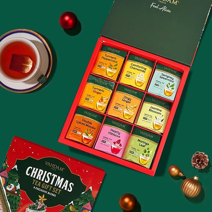 VAHDAM, Limited Edition Christmas Tea Gift Set | 45 Tea Bags, 9 Flavors - Holiday Gift Box | Christmas Presents For Women, Men & Adults, Christmas Gift Set