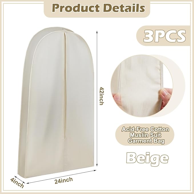 3 Pcs 42 Inch Acid Free Cotton Muslin Suit Garment Bag Long Dress Suit Storage Box Closet Organizer for Suits, Coats, Travel Bag