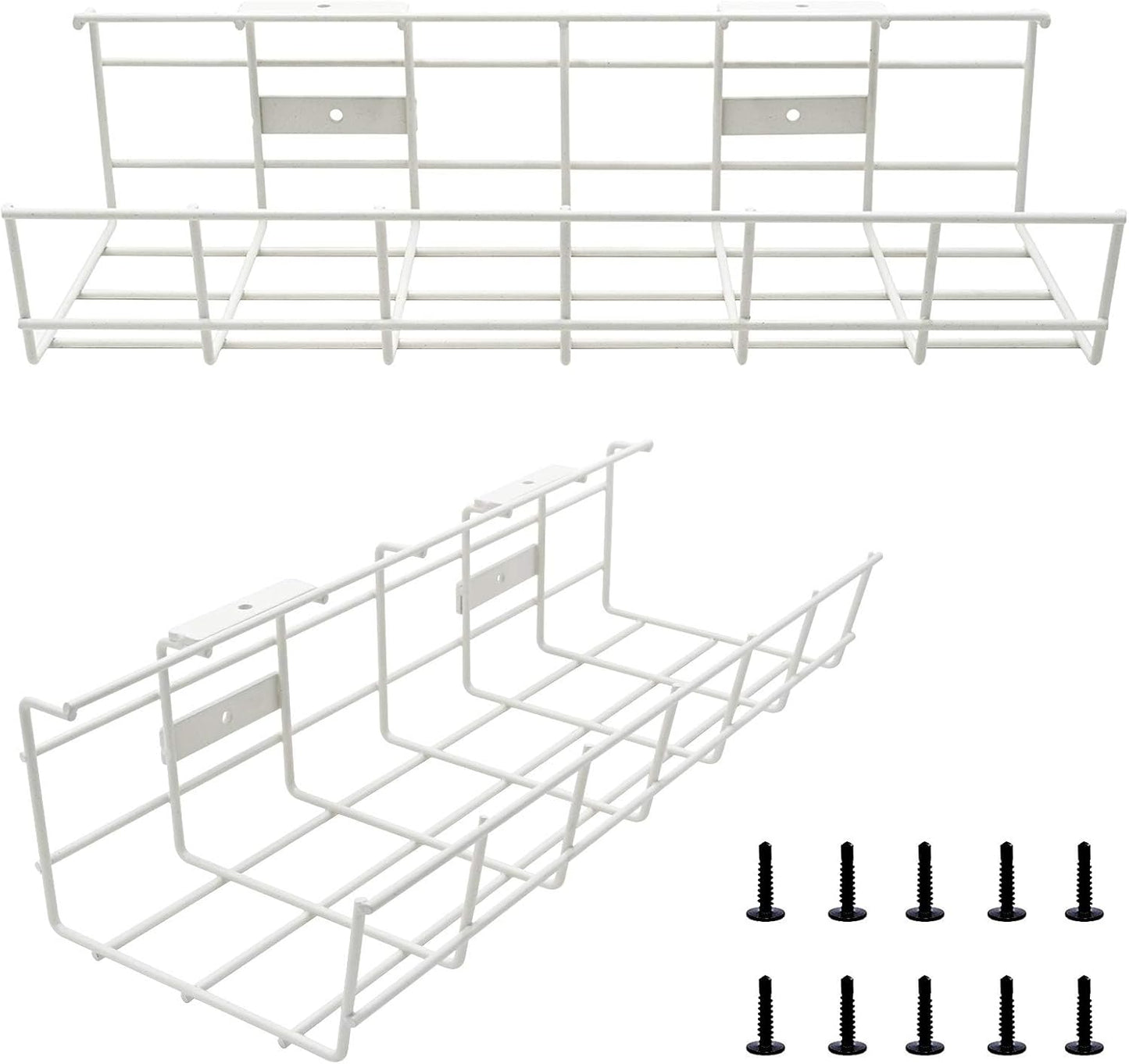 Under Desk Cable Tray - 2 Pack Cable Raceway for Wire Management. Metal Wire Organizer for Office, Studio and Home. Super Sturdy Cord Organizer for Desk - White Cable Management Under Desks