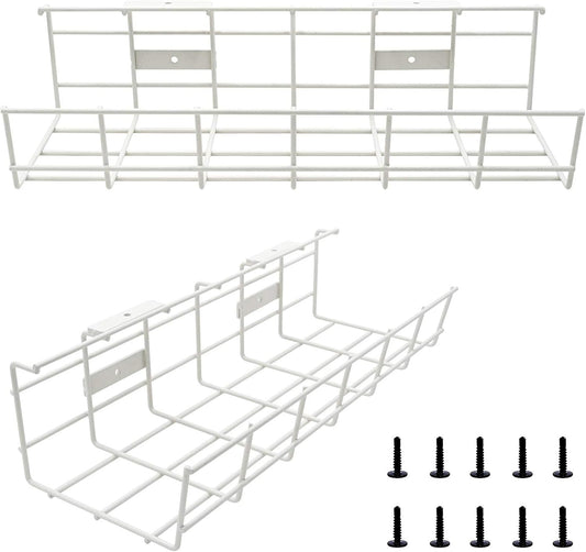 Under Desk Cable Tray - 2 Pack Cable Raceway for Wire Management. Metal Wire Organizer for Office, Studio and Home. Super Sturdy Cord Organizer for Desk - White Cable Management Under Desks