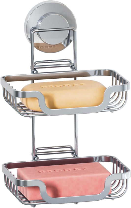 TAILI Double Layer Soap Holder, Drill-Free Bar Soap Dish Tray Suction Cup, Draining for Shower Wall, Bath Storage, Rustproof Stainless Steel Sponge Holder for Tub, Kitchen, Silver