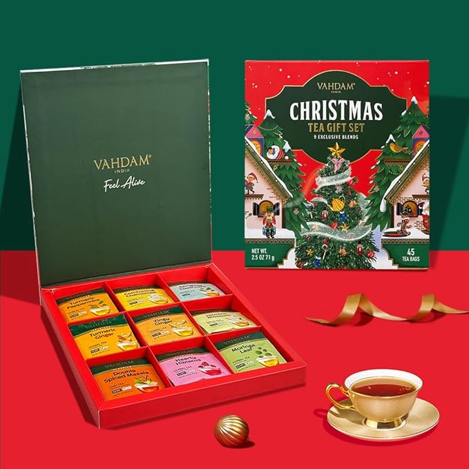 VAHDAM, Limited Edition Christmas Tea Gift Set | 45 Tea Bags, 9 Flavors - Holiday Gift Box | Christmas Presents For Women, Men & Adults, Christmas Gift Set