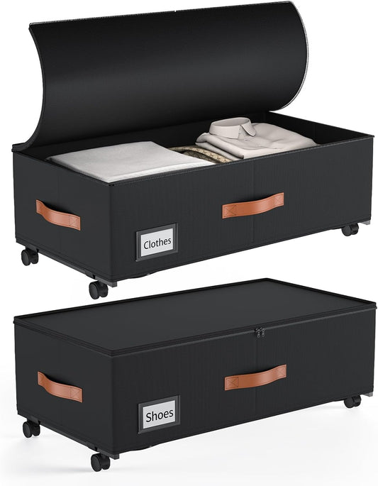 60L Under Bed Storage Bins with Wheels,2-Pack Rolling Organizers for Clothes, Shoes, Blankets & Toys,Space Saving Containers for Bedroom, Home, Dorm (9.5" High)