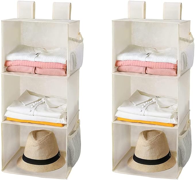 MAX Houser 3-Shelf Hanging Closet Organizers, Collapsible Closet Hanging Shelves for Camper, Nursery Hanging Organizers, Beige, 2-Pack