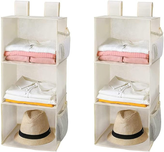 MAX Houser 3-Shelf Hanging Closet Organizers, Collapsible Closet Hanging Shelves for Camper, Nursery Hanging Organizers, Beige, 2-Pack