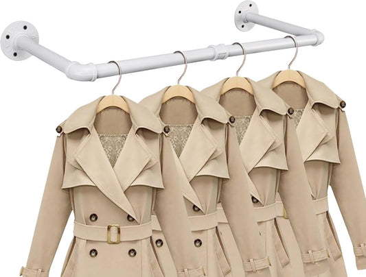 Industrial Iron Pipe Clothes Hanging Bar DIY Wall-Mounted Garment Rack Heavy Duty Clothing Rack for Bedroom, Laundry Room, Closet Storage (White 24 inch)