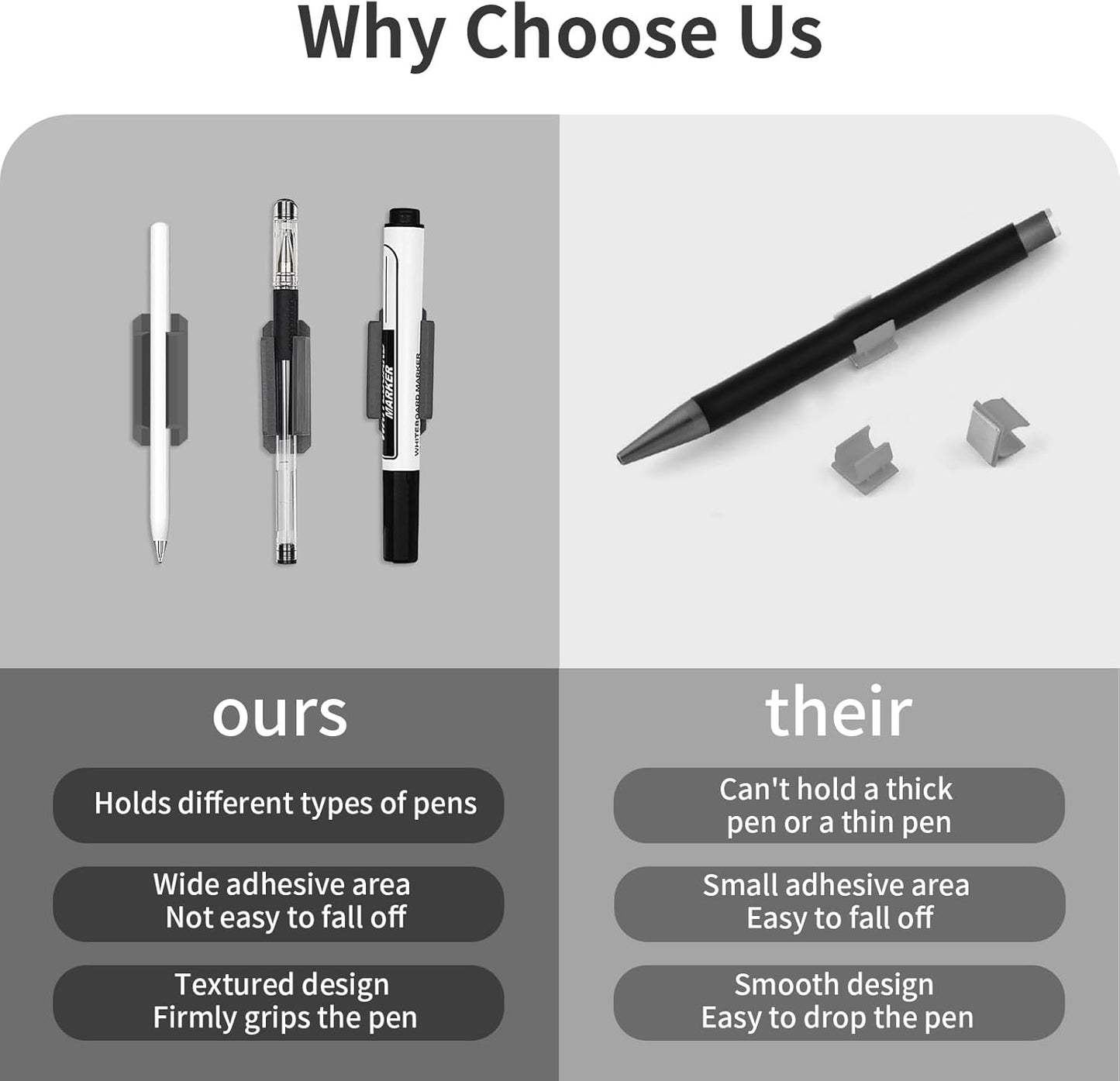 12 Pack Pen Holder for Desk, Silicone Pencil Holder with 12 Extra Adhesive Stickers, Adhesive Pen Holder & Marker Clip for Classroom Office Desk or Any Surface, Teacher Accessories Supplies (Black)