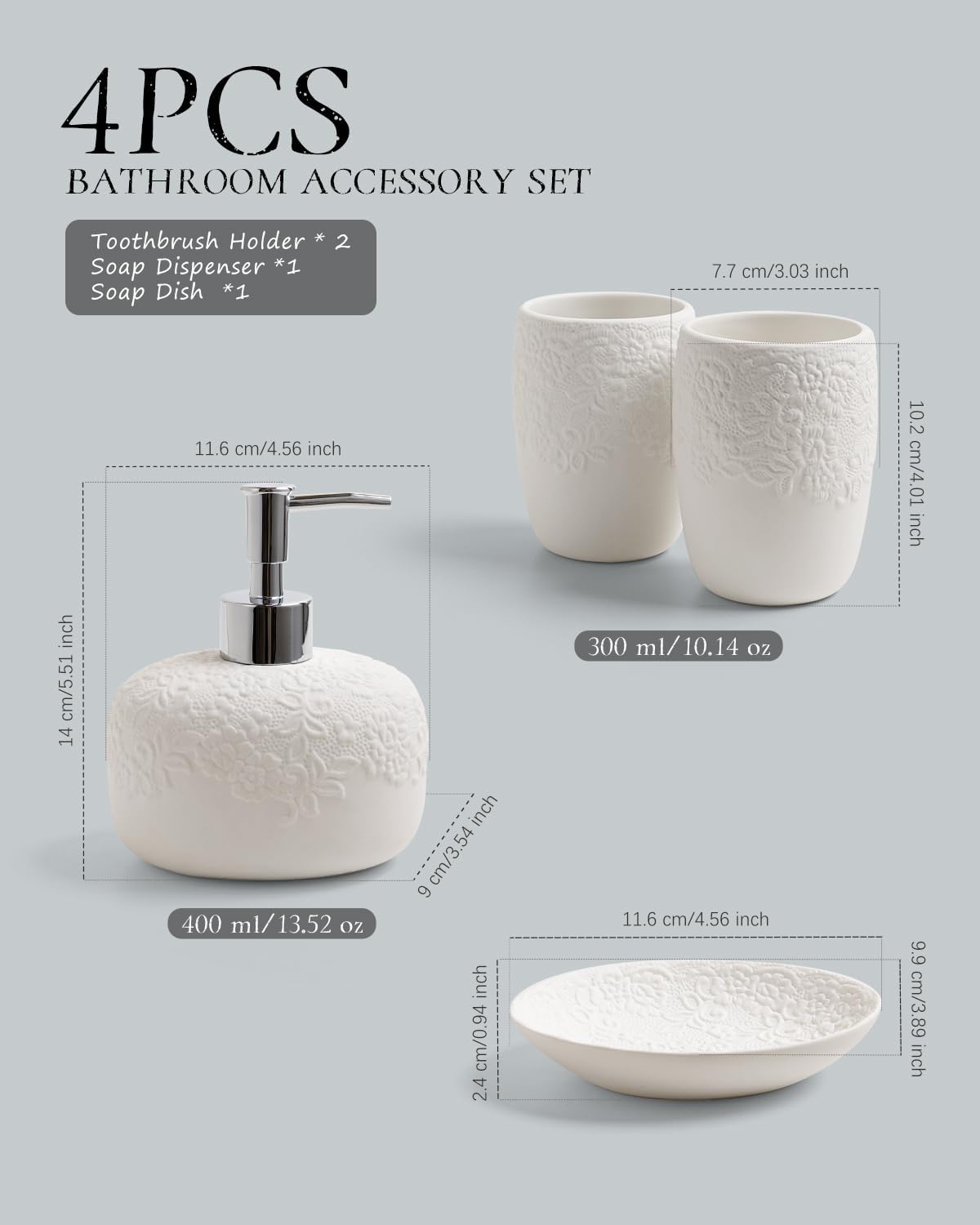 Bathroom Accessories Set with Embossed Design 4PCS, Ceramic White Bathroom Accessory Set Bathroom Toothbrush Holder Set Home Decor, 1 Soap Dispenser 13.5oz, 2 Tumbler Cup, 1 Soap Dish, ANTIS'S HOME