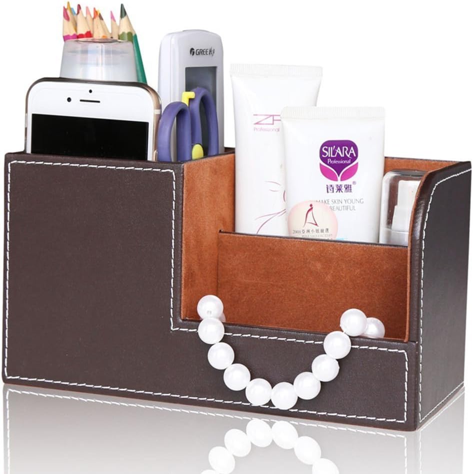 KINGFOM Desk Organizer Office Supplies Caddy Pu Leather Multi-function Storage Box Pen/Pencil,Cell phone, Business Name Cards Remote Control Holder Brown