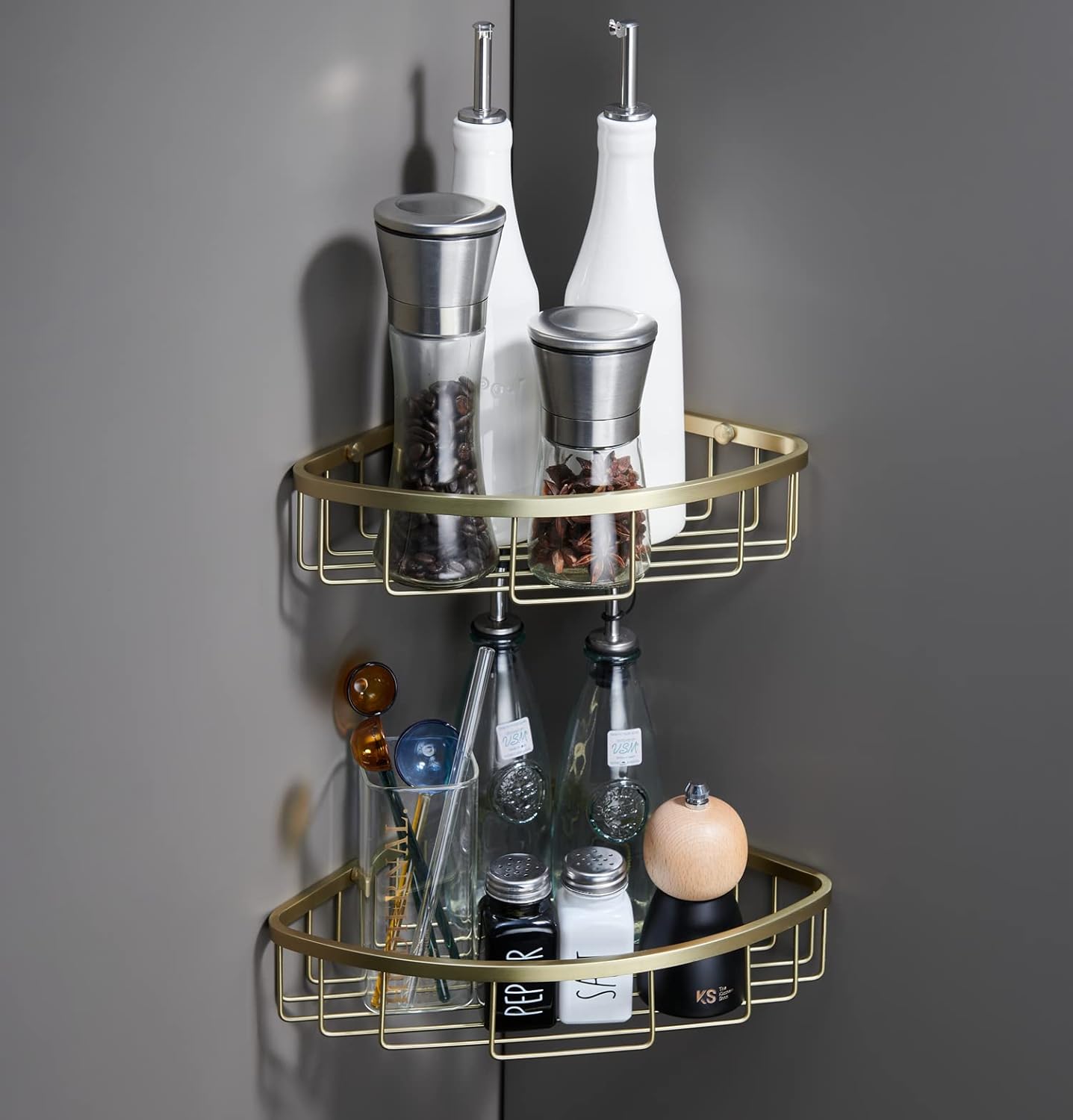 Corner Shower Caddy Organizer, SUS304 Stainless Steel Heavy Duty Rust-Proof Shelf Shampoo Holder, Wall Mounted Storage Rack for Bathroom Kitchen, 2 Packs Brushed Gold