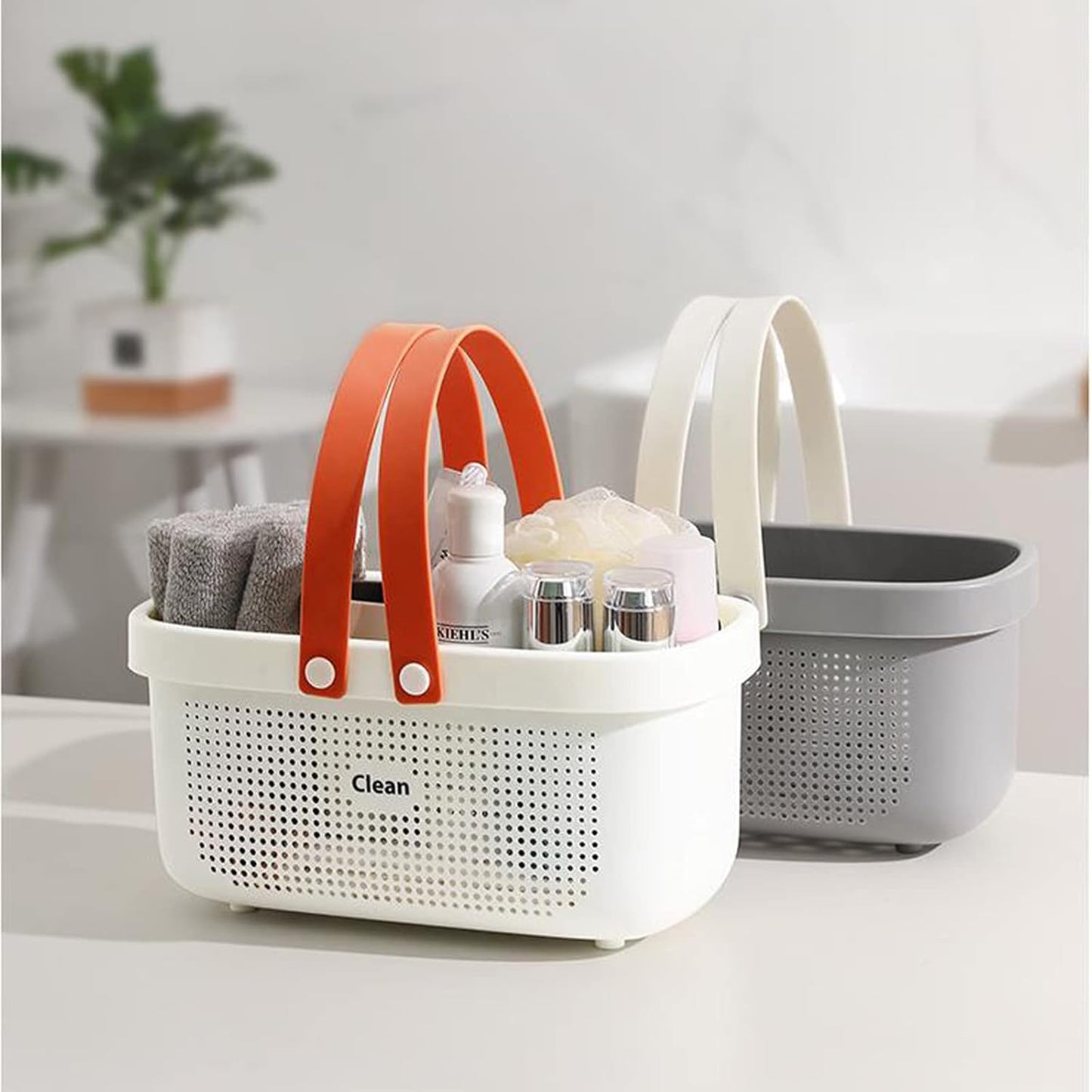 JiatuA Plastic Storage Basket with Handle Portable Shower Caddy Tote Organizer Basket Bin for Bathroom Kitchen Dorm Room Bedroom, White