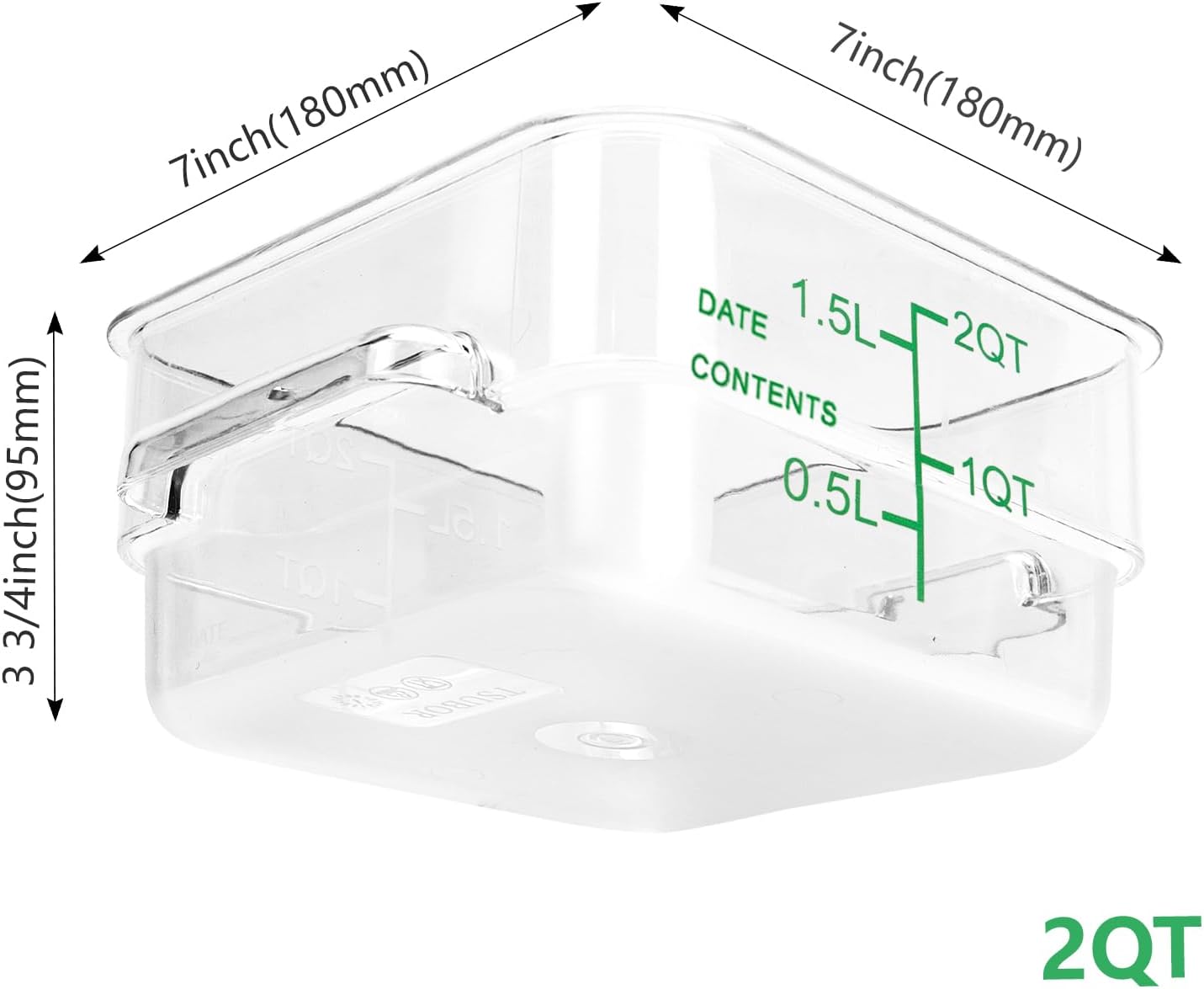 4 Pack Food Storage Containers with Green Lids, 2.0 Qt - Square, Clear, Polycarbonate